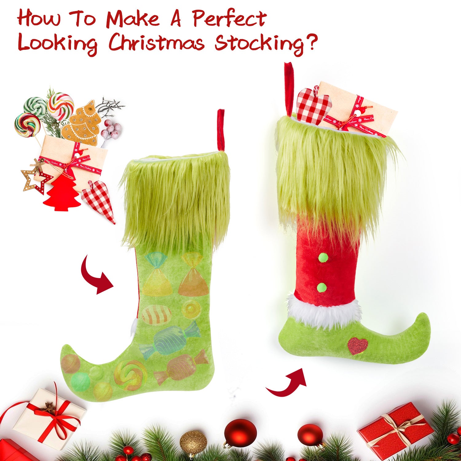 Wholesale Christmas Stockings Long Green Hair Elements Christmas Stockings Candy Bags